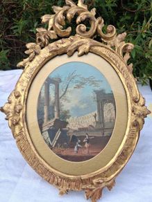 A Capriccio Of Rome Watercolour in 19th Century Wooden Baroque Frame