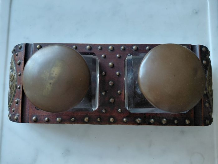 Antique double ink well desk stand