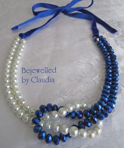 Handmade Statement White and Navy Blue Mix Necklace with Velvet Cord, in a Gift Box