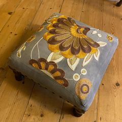 Decorative Grey upholstered footstool mustard embroidery wooden legs