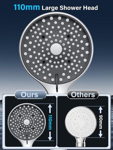 Shower Head and Hose 1.6M - 110mm Large Powerful Flow Shower Hose and Head High Pressure 6 Modes Pressure Boosting Handheld Showerhead for Low Water Pressure Electric Shower Head,Chrome