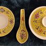 Vintage Chinese Jingdezhen Gaiwan Tea Bowl and Spoon Set Yellow Longevity Pattern Image 3