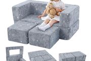 Kids Sofa Bed, Modular Toddler Chair Couch, Glow in The Dark Baby Mini Couch Lounger Fold Out, Kids Bedroom Furniture for Playroom, Grey Dinosaur