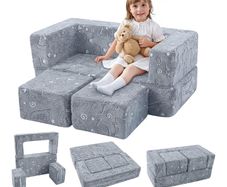 Kids Sofa Bed, Modular Toddler Chair Couch, Glow in The Dark Baby Mini Couch Lounger Fold Out, Kids Bedroom Furniture for Playroom, Grey Dinosaur