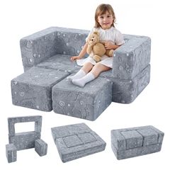 Kids Sofa Bed, Modular Toddler Chair Couch, Glow in The Dark Baby Mini Couch Lounger Fold Out, Kids Bedroom Furniture for Playroom, Grey Dinosaur