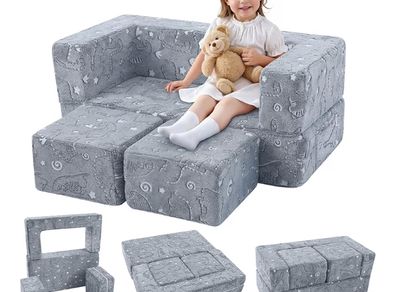 Kids Sofa Bed, Modular Toddler Chair Couch, Glow in The Dark Baby Mini Couch Lounger Fold Out, Kids Bedroom Furniture for Playroom, Grey Dinosaur