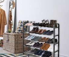 NEW SALE | 5 Tier Shoe Slots Rack - Space Saving Shoe Storage Organiser with Quick, Tool-Free Assembly - Shoe Slots Holds 15-20 Pairs - Dimensions (L) 75.5cm x (W) 18.5cm x (H) 75.5cm - Black