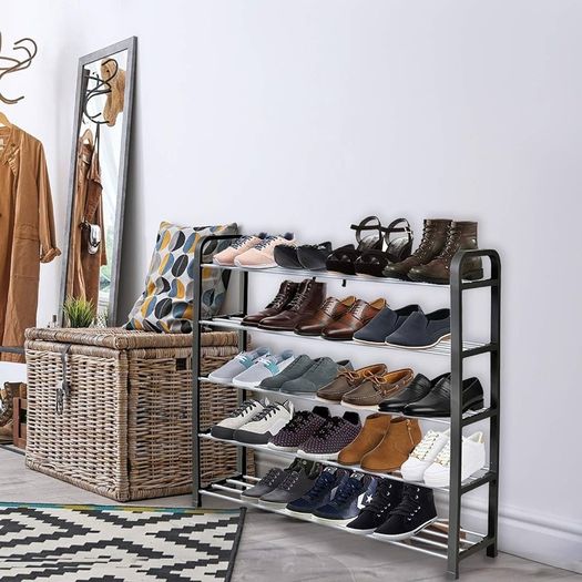 NEW SALE | 5 Tier Shoe Slots Rack - Space Saving Shoe Storage Organiser with Quick, Tool-Free Assembly - Shoe Slots Holds 15-20 Pairs - Dimensions (L) 75.5cm x (W) 18.5cm x (H) 75.5cm - Black