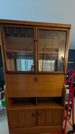 vintage mid-century style wooden tallboy display unit
