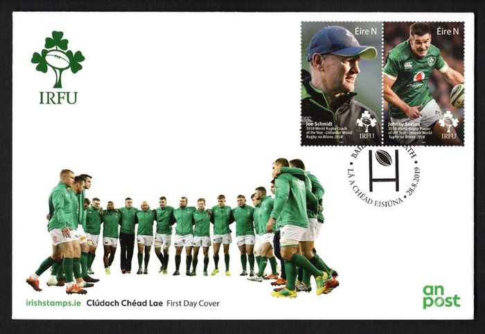 2019 Ireland Irish Rugby (IRFU) featuring Joe Schmidt (Coach of the Year) & Johnny Sexton (Player of the Year) Commemorative Stamps An Post First Day Cover (FDC)