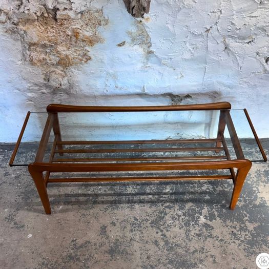Solid Teak & Glazed Glass Coffee Table With Magazine Rack