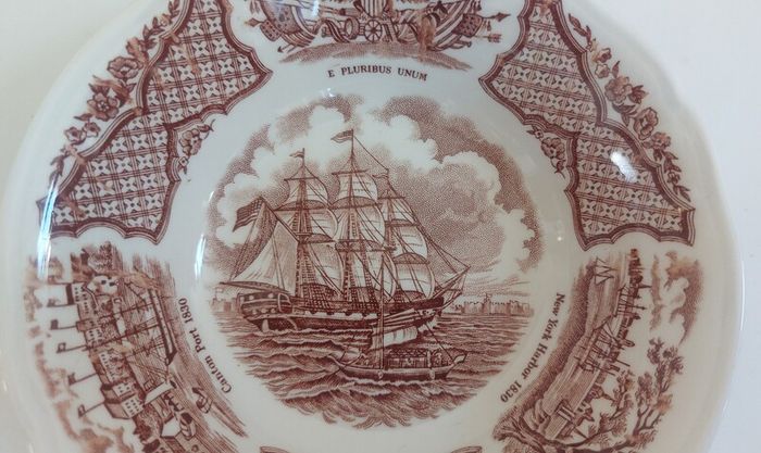 Fabulous Vintage 35 Piece Brown and White Fair Winds, Historical Scenes of Chinese Export to America Dinner Service by Alfred Meakin, Staffordshire