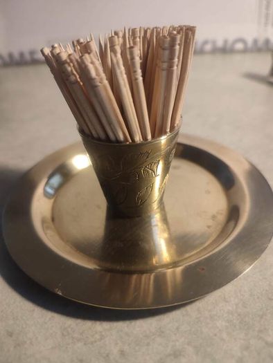Small Brass Pot  Toothpick Set on on small brass trey.