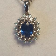 Natural Oval Sapphire, Zircon & Blue Appetite Halo Cluster Pendant