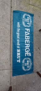 Vintage advertising Brut 33 ,Double sided  washable  plastic banner,,came from closed down chemist shop ,hard to come by ,,sold as seen,,buyer collects or pays postage thank you.