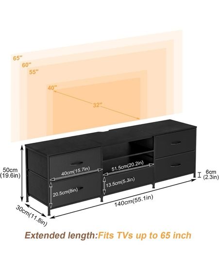 TV Stand Cabinet, TV Unit with 5 Drawers, 140 cm, All Black TV Console Table with Storage Organizers, Entertainment Center with Open Shelf for Living Room, Bedroom