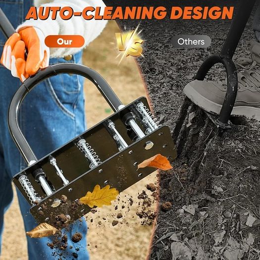 Lawn Aerator Tool, Lawn Aerator with 15 Iron Spikes, Automatic Leaf and Dirt Cleaning with Spring-Loaded Design, Metal Manual Aerator for Loosening Soil Aerating Patio, Yard, Garden