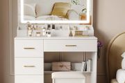 Dressing Table with Mirror and Stool: Vanity Desk with Mirror and Drawers - Makeup Desk with 4 Drawers, Wooden White Bedroom Dressing Table with LED Lights, Brightness Adjustable, 3 Open Storage Areas