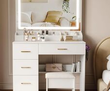 Dressing Table with Mirror and Stool: Vanity Desk with Mirror and Drawers - Makeup Desk with 4 Drawers, Wooden White Bedroom Dressing Table with LED Lights, Brightness Adjustable, 3 Open Storage Areas