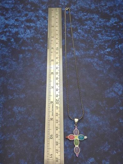 Vintage 925 Sterling Silver Multi Gemstone Cross Necklace