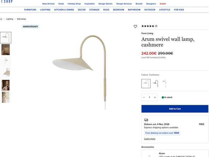 Ferm Living Arum swivel wall lamp - cashmere