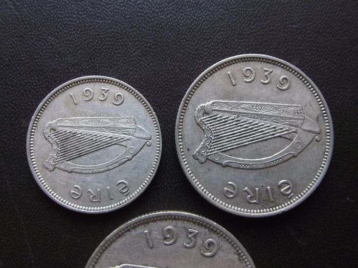 1939 Irish Republic. Set of 3 Silver Coins: Half Crown&Florin&Shilling