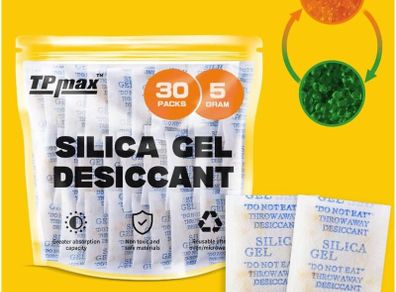 5g x 30 Packs Silica Gel Desiccant Sachets, Reusable Dehumidifiers with Color Indicator, Ideal for Storage, Closets, and Basements