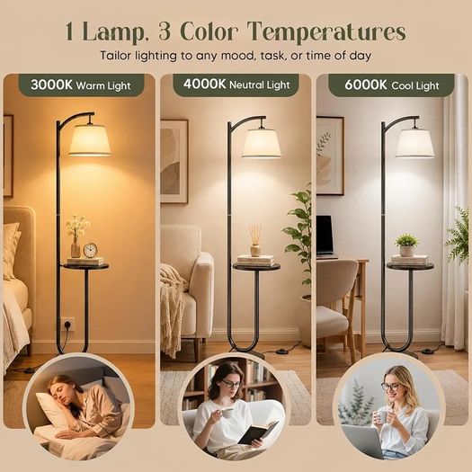Floor Lamp with Shelf, 160cm, 3 Light Colours, E27 60W Vintage shelf lamp with 120 adjustable head, foot switch, linen shade, E27 up to 60W for home & office