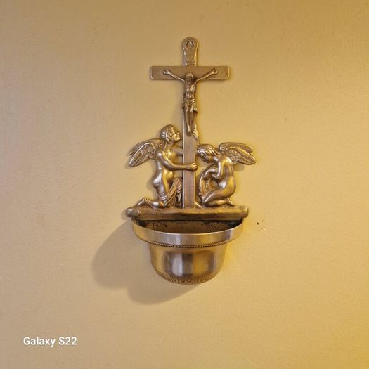 Antique  Brass Angel Holy Water Font Religious Wall Art