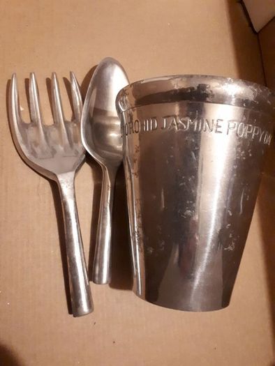 Steel herb pot fork and trowel
