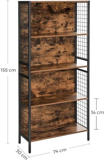 Bookcase, office shelf, kitchen shelf, with 4 shelves, 4 S-hooks included, office, living room, home office, stable steel frame, industrial design, vintage brown-black