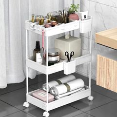 Storage Trolley 3-Tier Rolling Utility Cart Slide Out Shelving Organization Shelf for Laundry Bathroom Kitchen with Small Containers & Hooks White (FREE POSTAGE)