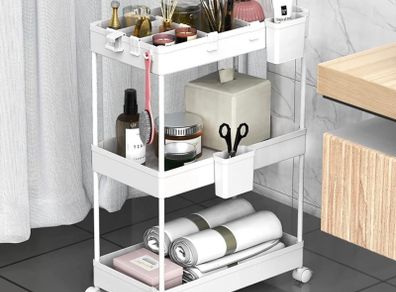 Storage Trolley 3-Tier Rolling Utility Cart Slide Out Shelving Organization Shelf for Laundry Bathroom Kitchen with Small Containers & Hooks White (FREE POSTAGE)