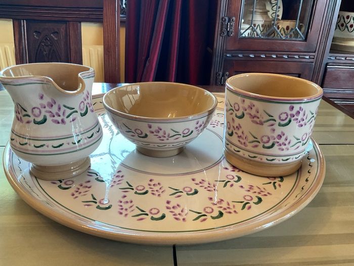 Nicholas Mosse REDUCED.  new lavender 4 piece set . Round platter , large mug , creamer and sugar bowl