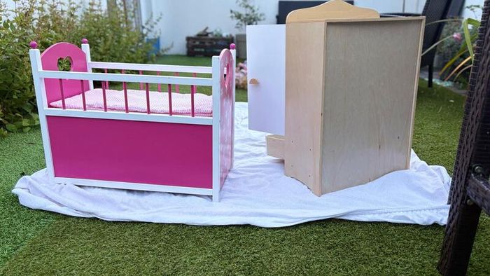 Wooden Dolls Wardrobe and Cot with Bedding and Storage