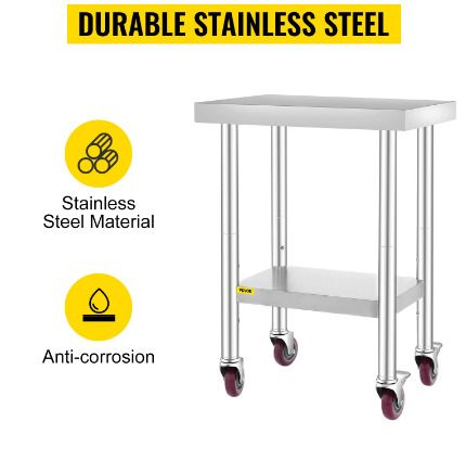 24 x 12 inch Stainless Steel Kitchen Worktable Commercial Work Bench Table with Caster Wheels & Undershelf for Home Restaurant Storage