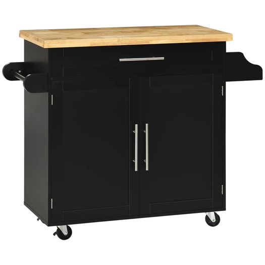 Kitchen trolley serving cart kitchen island, 1 spice rack, 1 towel rail, 109 cm x 40 cm x 89 cm, Black