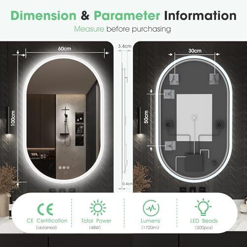 Oval Bluetooth Bathroom Mirror with LED Lights 600x1000mm, Anti-Fog, LED Bathroom Mirror with Memory, 3000K-6500K, Dimmable, HD Tempered Glass, IP44 Waterproof, Horizontal or Vertical