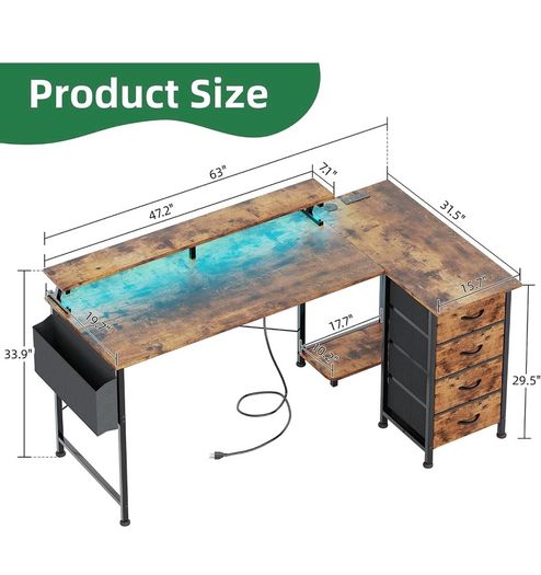 Corner Desk with 4 Drawers, L Shaped Computer Desk with LED Lights & Power Outlets, 160x80cm Reversible Home Office Workstation with Monitor Stand, Writing Desk with PC Stand, Vintage