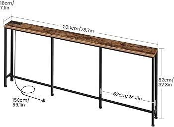 Narrow Console Table with Power Outlet, 18 cm Skinny Sofa Table, Long Behind Couch Table with Charging Station, for Entryway, Hallway, Living Room, Rustic Brown and Black