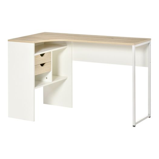 L-Shaped Corner Computer Desk Study Table PC Work w/ Storage Shelf Drawer Smooth Slide Office Home Workstation Space Saving  Light Brown