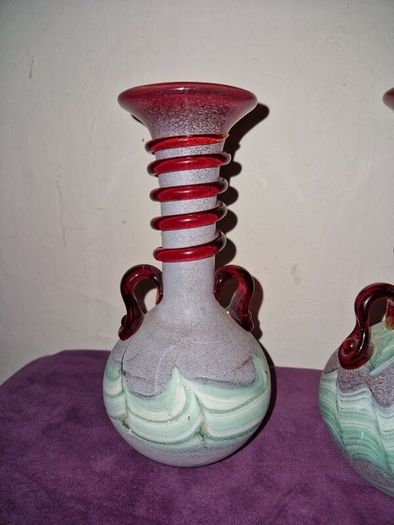 1960's pair Spanish Lafiore Scavo glass vases