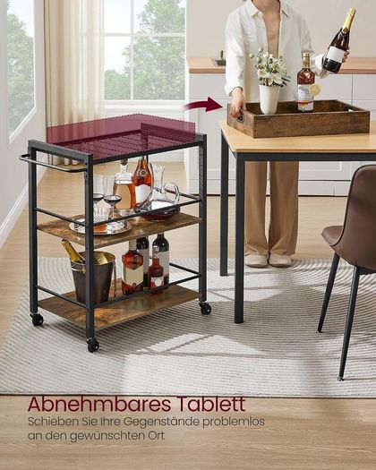 Industrial Style Serving Trolley Kitchen Trolley with Removable Tray with Adjustable Feet and Wheels Kitchen Shelf Steel Frame 65 x 40 x 86 cm Brown Rustic Black