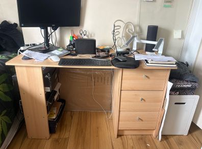 Beech Student Desk with 3-Drawer + 3 Shelves Pedestal