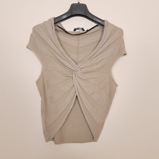 Yaya Beige Taupe Twisted Front Ruched Ribbed Cap Sleeve Knit Top Size L