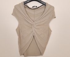Yaya Beige Taupe Twisted Front Ruched Ribbed Cap Sleeve Knit Top Size L