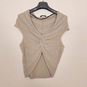 Yaya Beige Taupe Twisted Front Ruched Ribbed Cap Sleeve Knit Top Size L