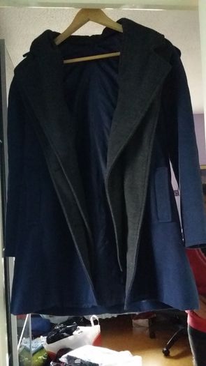 Blue jacket with detachable grey hood