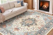Rugs Living Room 150x210 cm Washable Rug Beige/Blue/Orange Living Room Rug, Rugs for Bedroom, Vintage, Boho, Oriental, Lounge, Dining Room, Home Office, Low Pile, Non Slip, OEKO, Print