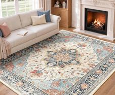 Rugs Living Room 150x210 cm Washable Rug Beige/Blue/Orange Living Room Rug, Rugs for Bedroom, Vintage, Boho, Oriental, Lounge, Dining Room, Home Office, Low Pile, Non Slip, OEKO, Print